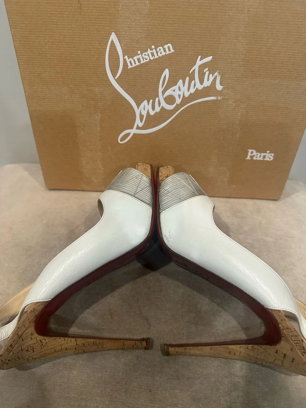 Christian Louboutin White and Silver Peep-Toe Slingback Heel